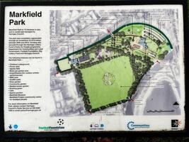London, UK - March 02, 2025- Markfield Park map display showcasing various amenities and areas for community activities photo