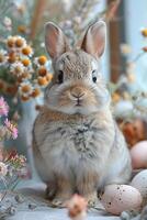 A small rabbit sitting in front of some flowers photo