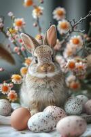 A small rabbit is sitting in front of eggs photo
