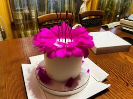 Elegant white cake with vibrant decorative feathers on a wooden table photo