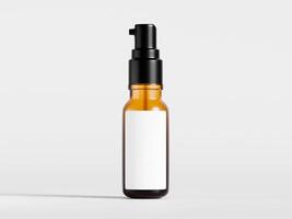 single amber spray bottle with blank white label minimal clean product photo
