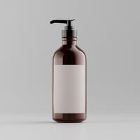 two amber pump bottles white labels black caps straight view soft shadows clean product mockup neutral background photo