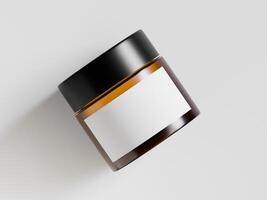 one cosmetic jar tilted white label black cap soft shadows modern minimal design light gray background product photography photo