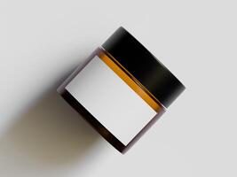 two tilted cosmetic jars white labels black caps soft shadows clean minimal design light gray background product photography photo