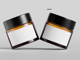 two cosmetic jars leaning slightly touching white labels black caps soft shadows clean gray background product photography photo
