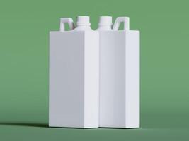 three white plastic canisters with caps upright on green background soft shadows clean product photo