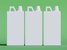 three white plastic canisters with caps standing side by side on green background soft shadows photo