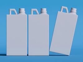 three white plastic canisters with handles and caps on blue background standing upright even spacing soft shadows photo