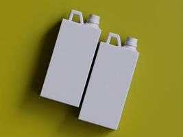white plastic canisters with handles and caps on yellow background with soft shadows bright and clean product shot photo