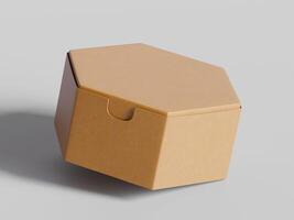 single hexagon cardboard box upright slight angle soft light brown texture clean background photo