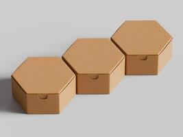 three rectangular cardboard boxes with one tilted on top clean soft light grey bg photo