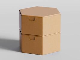 two stacked hexagon cardboard boxes placed neatly on neutral grey surface soft shadows photo