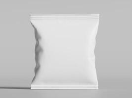 single white snack bag centered soft grey background clean minimal product presentation photo