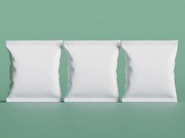 three white snack bags aligned upright soft green background simple presentation front view photo