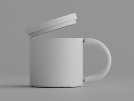 single plain mug with lid slightly open modern design grey background soft shadows photo