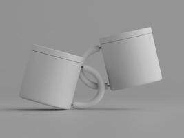 two plain mugs balanced one on top of the other clean grey background soft shadows photo
