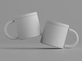 two plain mugs leaning towards each other soft shadows grey background minimalist photo