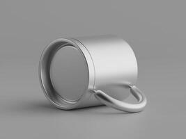single metallic mug lying on side bottom view clean grey background soft shadows photo