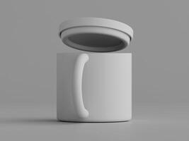 single plain mug with lid hovering above it simple design grey background soft shadows photo