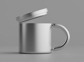 single plain mug with lid slightly open centered grey background soft lighting photo