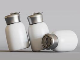 two white mini stainless mugs one standing one lying down silver lids plain grey background soft shadow photo