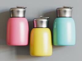 three mini stainless mugs pink yellow teal standing side by side silver lids neutral background soft light photo