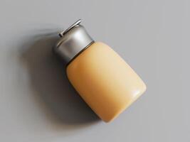single yellow mini stainless mug lying on side with silver lid plain grey background soft shadow photo