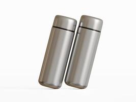 two silver mini water bottles leaning slightly white background soft shadows photo
