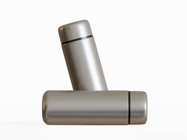 two silver mini water bottles leaning together clean white background soft lighting photo