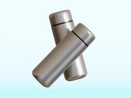 two silver mini water bottles leaning together light blue background soft shadows photo