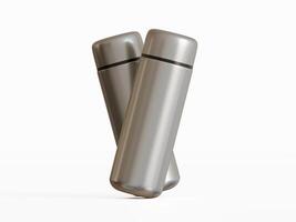 two silver mini water bottles leaning together white background soft shadows photo
