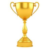 A gleaming golden trophy with two handles stands on a transparent background. png