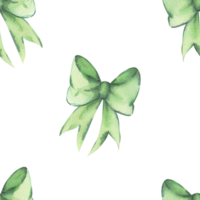 Watercolor seamless pattern with green ribbon bows. Hand drawn print with green, emerald fabric bow. Festive design for background, wallpaper, wrapping paper. png