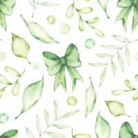Watercolor seamless pattern with green bows and branches with leaves. Hand-drawn print with fresh greenery, spring leaves and ribbon bow. Design and decoration of wrapping paper, background. png