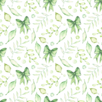 Watercolor seamless pattern with green bows and branches with leaves. Hand-drawn print with fresh greenery, spring leaves and ribbon bow. Design and decoration of wrapping paper, background png