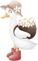 A cute white goose wears a hat with a flower and red boots. It carries a basket of white flowers on its back. The goose has a yellow beak and a curved black line for an eye. png