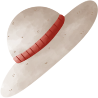 A watercolor illustration of a wide-brimmed hat with a red band. The hat is light-colored and has a slightly textured appearance. The band is thick and has a series of raised lines. png