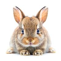A small brown rabbit sitting down on a white background photo
