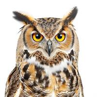An owl with yellow eyes is looking at the camera photo