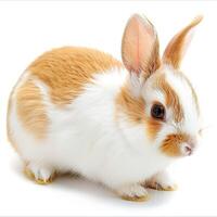 A small white and brown rabbit is sitting on a white background photo
