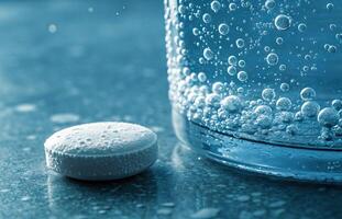 Effervescent tablet dissolving in a glass of water with bubbles forming photo
