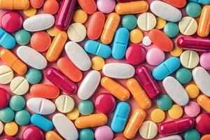 Colorful assortment of tablets capsules and pills in various shapes and sizes on a flat surface photo