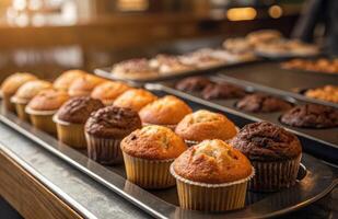 Freshly baked muffins arranged on trays in a warm bakery setting during afternoon light photo