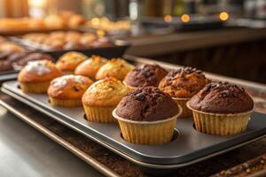 Delicious assorted muffins displayed on a tray in a warm bakery setting during morning hours photo