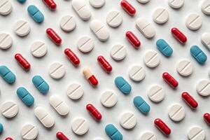 Colorful array of assorted tablets capsules and pills arranged neatly on a surface photo