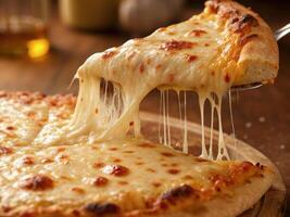 A slice of pizza with melting cheese is held on a spoon, ready to be served and enjoyed. photo