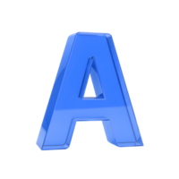 High-resolution 3D render of a blue glass letter A with a glossy, reflective surface, isolated on a transparent background, representing typography, modern design, and digital aesthetics png