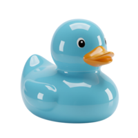 3D render of a blue rubber duck with a glossy, reflective surface, isolated on a transparent background, symbolizing childhood, fun, and playful design png