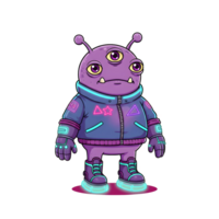 Cool Three-Eyed Alien in a Neon Cyberpunk Jacket, Sci-Fi Cartoon Character isolated on transparent background png
