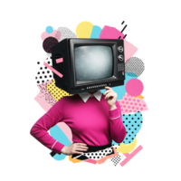 Creative Pop Art Composition of a Person with a Television Head in a Colorful Abstract Setting, Surreal Pop Art Collage png